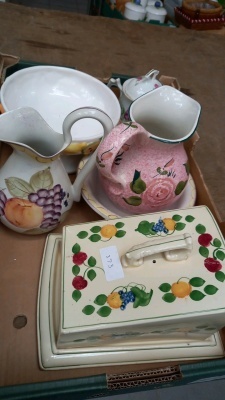 Large Titian ware Cheese dish by Adams with other decorative pottery, jugs etc