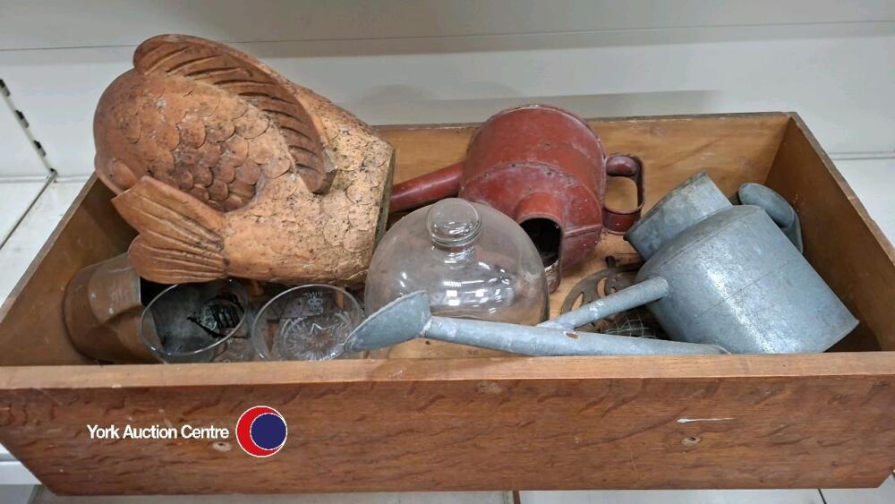 Box of assorted household and garden items including large ceramic ...