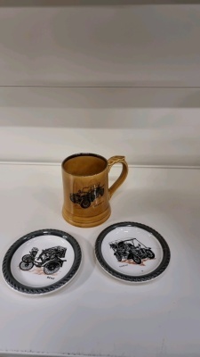 Wade Darraco car design tankard, vintage Benz car design plate, vintage Sunbeam car design plate all excellent condition