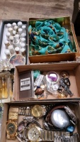 Tray of watches, ladies cosmetic items, spectacle chains, matching scarf and hair jewellery set and quantity of thimbles