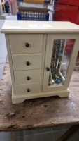 White jewellery box with 4 drawers full of costume jewellery