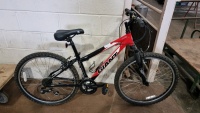 Giant Rock XS ALUXX 6000 series mountain bike, 26" wheels, hardly used, excellent condition. Red frame butted tubing, SR Suntour M 2000 front shocks, Shimano Tourney 21 gears, with footstand