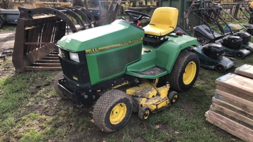 John Deere 415 ride on mower, 4ft cutter deck, 3 cylinder diesel Yanmar engine, hydrastatic drive, hydraulic lift deck, all in good order