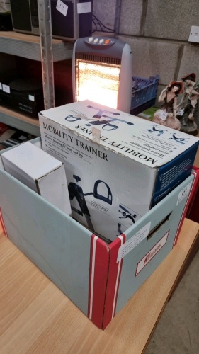 Selection of exercise equipment including Slender Tone style belt, dumbells and foot bike
