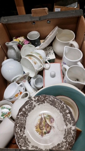 2 boxes of assorted plates,serving plates, jugs, cups & saucers