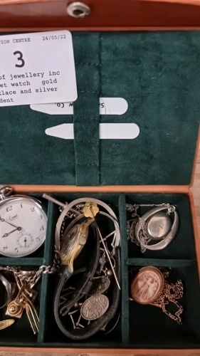 Box of jewellery inc pocket watch , gold necklace and silver pendant