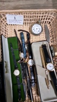 Box of vintage watches inc Smith Astral & pocket watch and pens