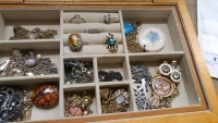 Beautiful wooden jewellery box full of costume jewellery