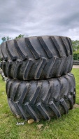 Pair of Firestone flotation wheels, 900/60/32, John Deere yellow, 10-stud centre, approx 65\% tread left, good condition
