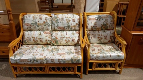 Conservatory cane upholstered suite, 2 seater and a chair