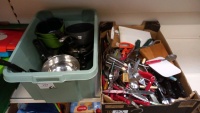 2 Boxes of pans, box of mixed cutlery