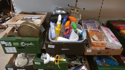 Quantity of kitchen items including scales, cleaning items etc