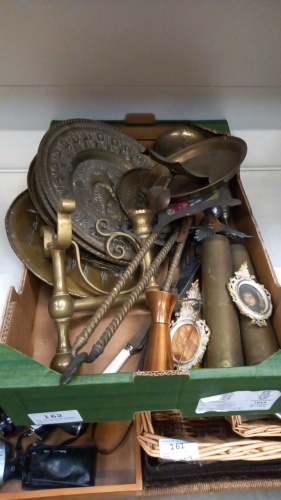 Box of mixed brassware including some trench art