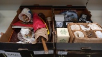 2 boxes of mixed glassware and bric a brac including Guiness glasses, Royal Worcester cups and saucers, AE Gray Toby jug