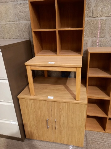Small wooden office cupboard, square table, small bookcase