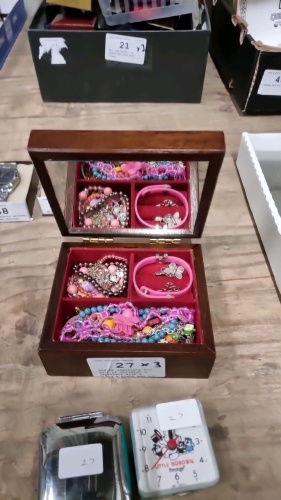 Pretty jewellery box full of children's jewellery with a child's alarm and one for Mum & Dad