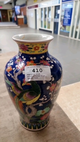 Repaired blue multicoloured bird design vase