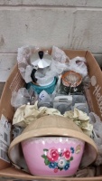 Box of Kilner jars, Espresso Percolator, glass and table/serving ware