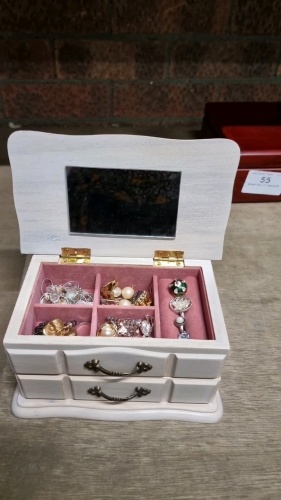 Off-white jewellery box with drawer full of costume jewellery