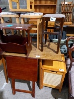 Drop leaf table, 4 stools, folding table, magazine rack, wooden linen box
