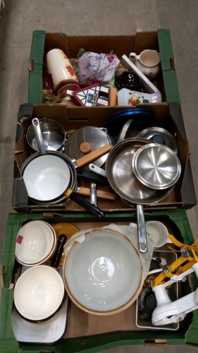 Box of pans, vintage kitchen scales, bowls and ornaments