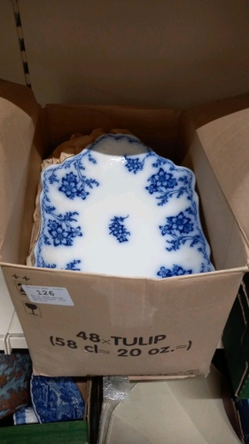 Box of large serving plates/chargers, blue and white