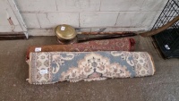 Red rug, blue rug, 2 antique warming pans - one copper, one brass
