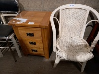 1 Oak bedside drawers and wicker chair