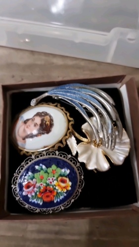 4 Collectable brooches in a box