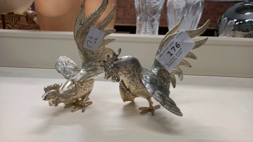 2 silver plated fighting cocks