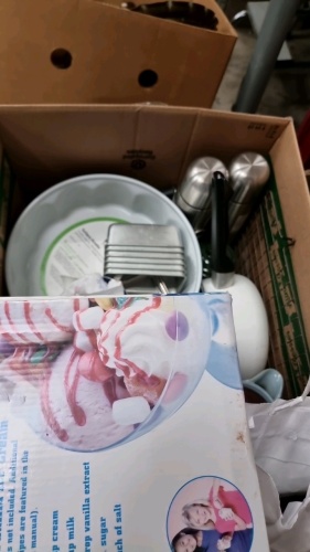 Box of bakeware and kitchen bric a brac and Ice cream maker