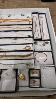 Tray of boxed jewellery marked 925, rolled gold, 18K, 9K Italy and a ladies fob watch