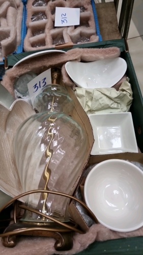 Box of tableware and serving ware, glass lamp base and misc