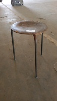 3 leg vintage stool, metal with wooden seat
