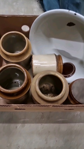 Box of stoneware jars and enamel bowl, large stoneware urn