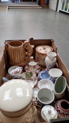 Box of cina including Coalport Willow pattern vases, Coalport , Spode vase, Ming etc