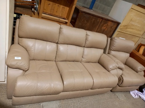 Beige leather sofa and matching armchair