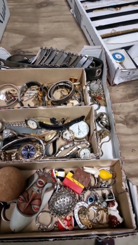 Tray of watches, gents jewellery, key rings, ladies belts etc