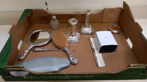 Pair of silver candlesticks, glass and silver scent bottle, silver photo frame etc, including Lotus imitation pearls and gent's watch