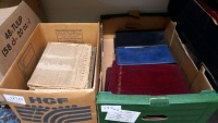 Box of bound stamps, Royal Mail first day covers including vintage documents and 1759 newspaper plus box of music books