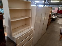 2 x white wardrobes, set of drawers and shelves