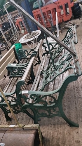 Cast iron garden bench, 2 chairs and table legs