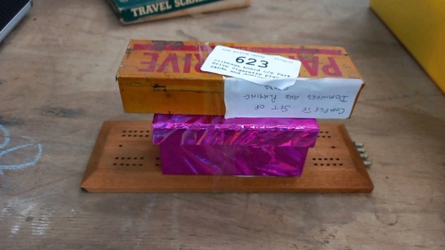 Cribbage board c/w Park Drive cigarette playing cards and dominoes