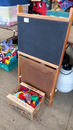 ELC folding child's blackboard easel with box of plastic toy kitchen playset