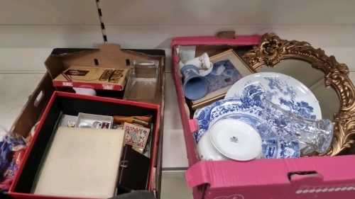 Box of ornaments and plates, box of bric a brac, box of costume jewellery