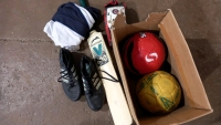 Various sports equipment including vintage Slazenger cricket bat and gloves, 1980s Adidas football boots, York RFU shirt etc