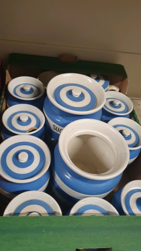 Box of blue kitchen storage jars October timed online Saturday sale