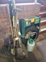 Selection of garden tools, spirit levels, kneeler, garden sprayer and tyre