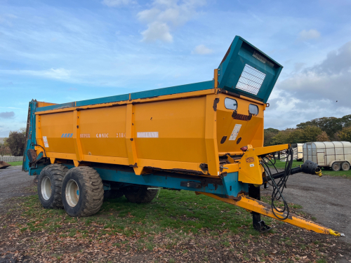 Rolland Super Conic 2180 manure spreader c/w 600/55/26.5 wheels, good gearboxes and bed chains, weight transfer axle, sprung drawbar, twin speed gearbox, only selling due to change in farming practice, box of new beater blades included