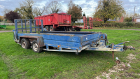 Twin axle plant trailer c/w fold down cage, floor needs attention c/w spare wheel approx 12ft